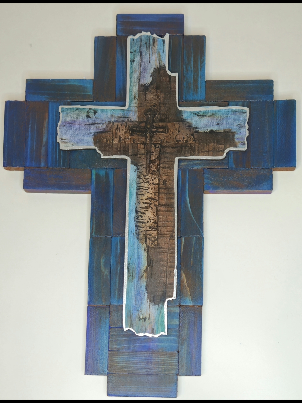 Handcrafted Blue & Brown Wooden Cross Wall Decor - Picture 10 of 10